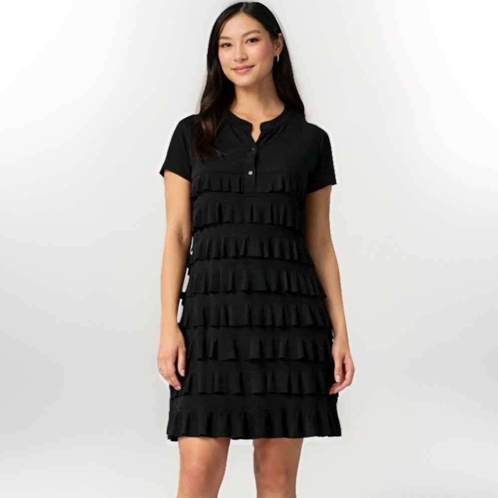 Joseph Ribkoff Black Tiered‎ Ruffle Sheath Dress Sz 6 (estimated) Quiet Luxury